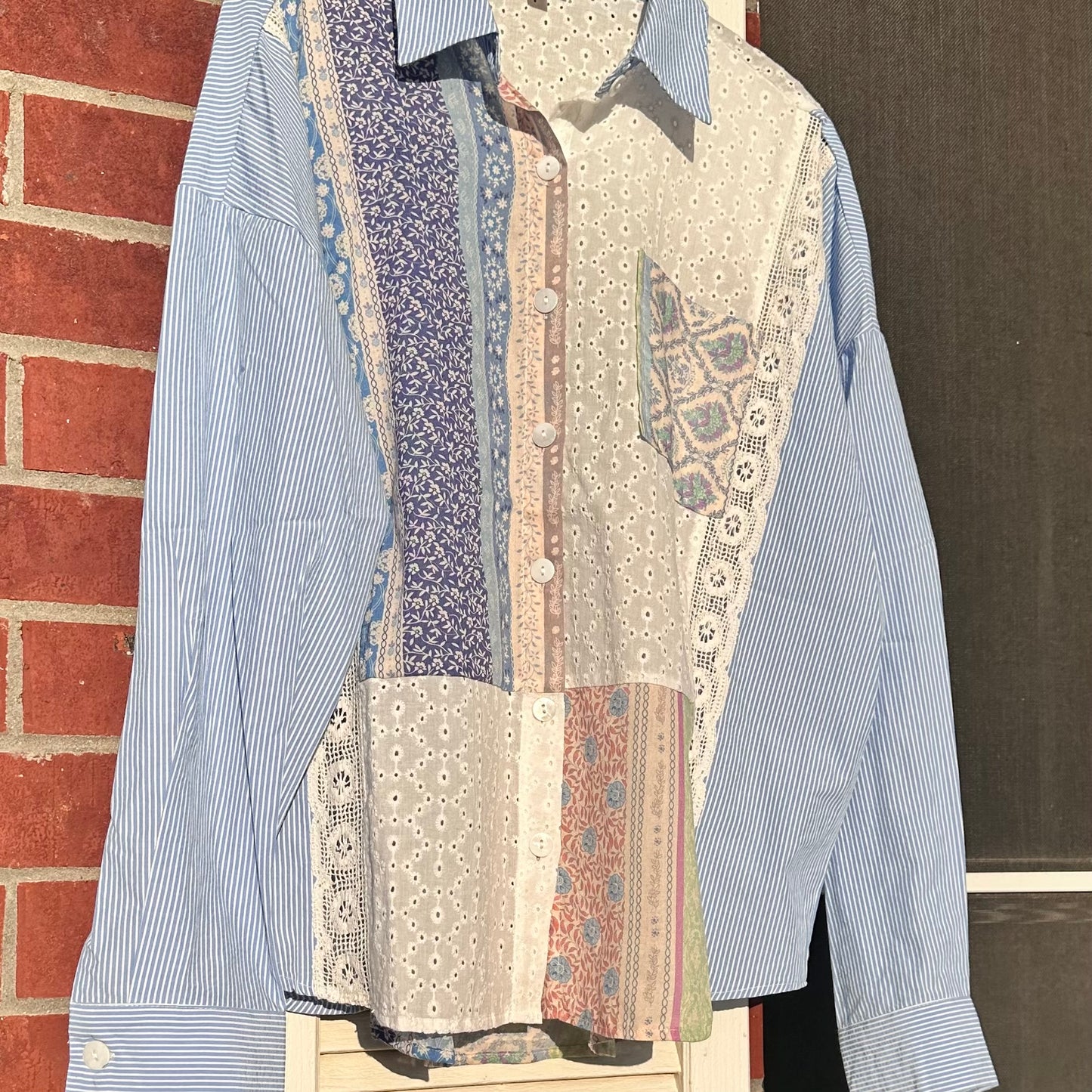 Blue Mixed Fabric Button Up Top