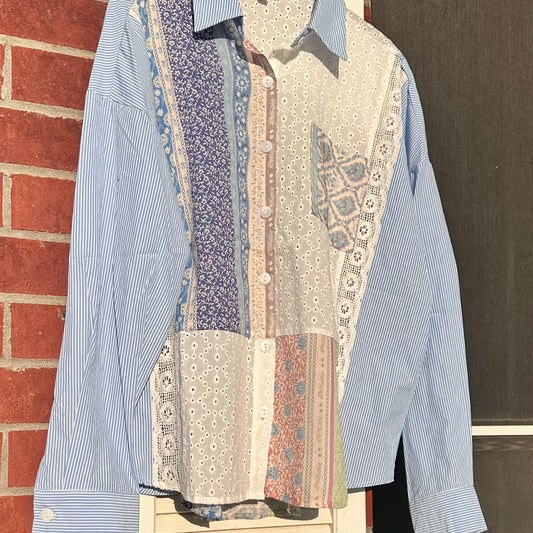 Blue Mixed Fabric Button Up Top