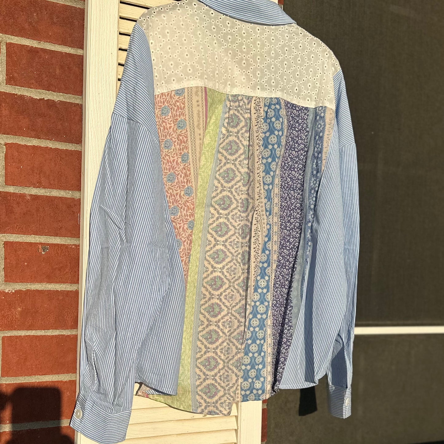 Blue Mixed Fabric Button Up Top