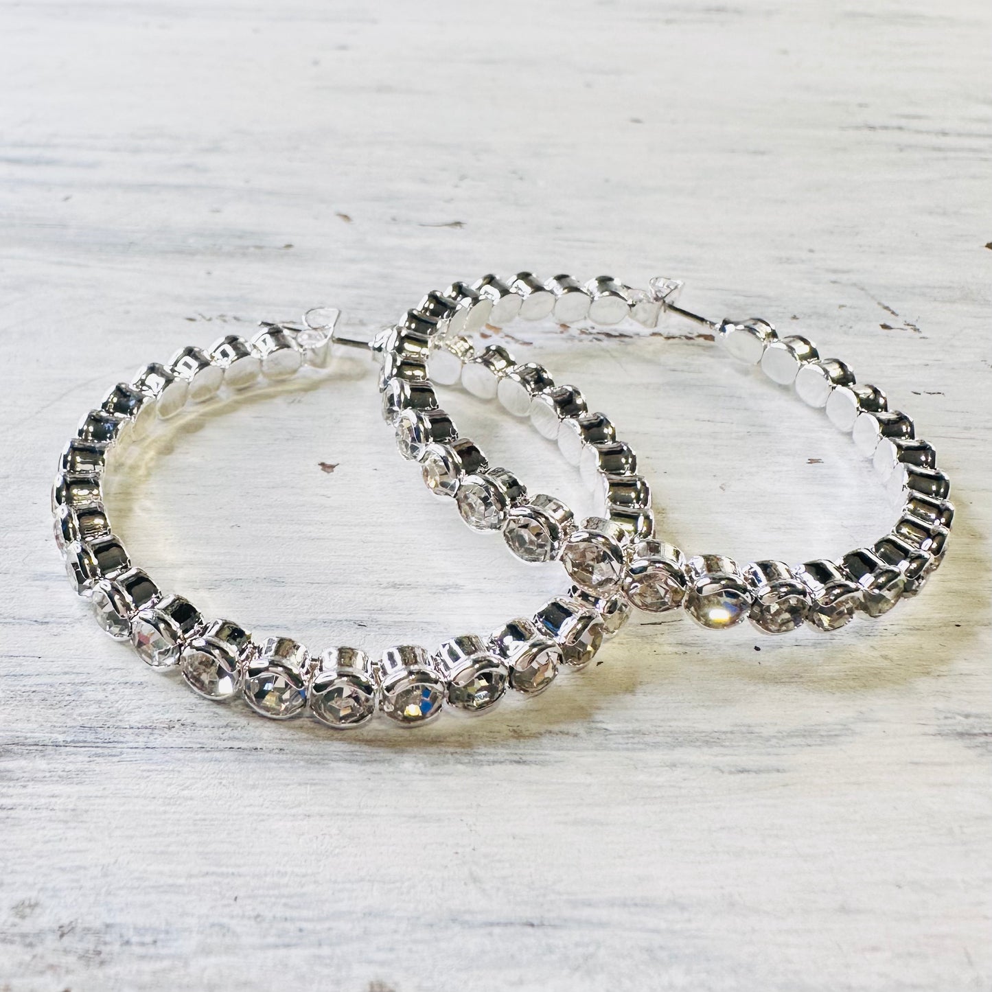 1.75" Silver Rhinestone Hoop Earrings