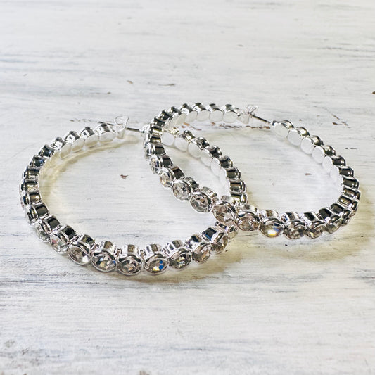 1.75" Silver Rhinestone Hoop Earrings