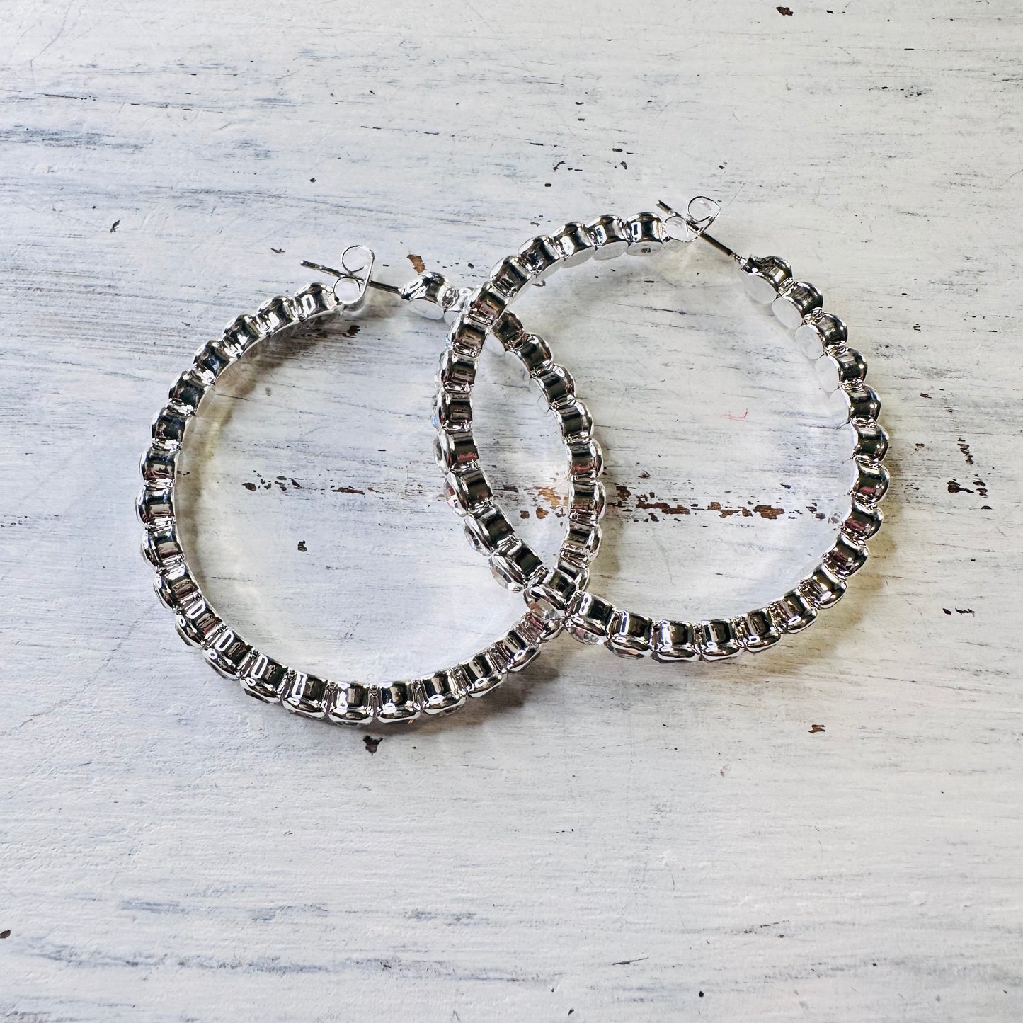 1.75" Silver Rhinestone Hoop Earrings