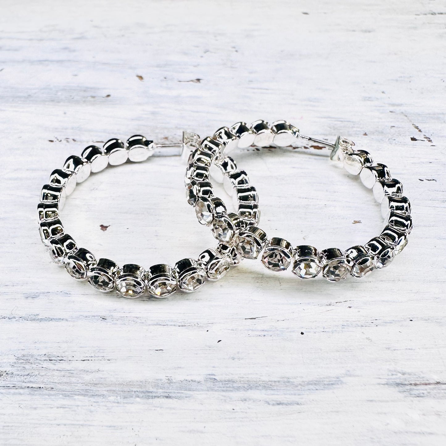 1.25" Silver Rhinestone Hoop Earrings