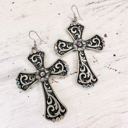 2.5" Cross & Rhinestone Earrings
