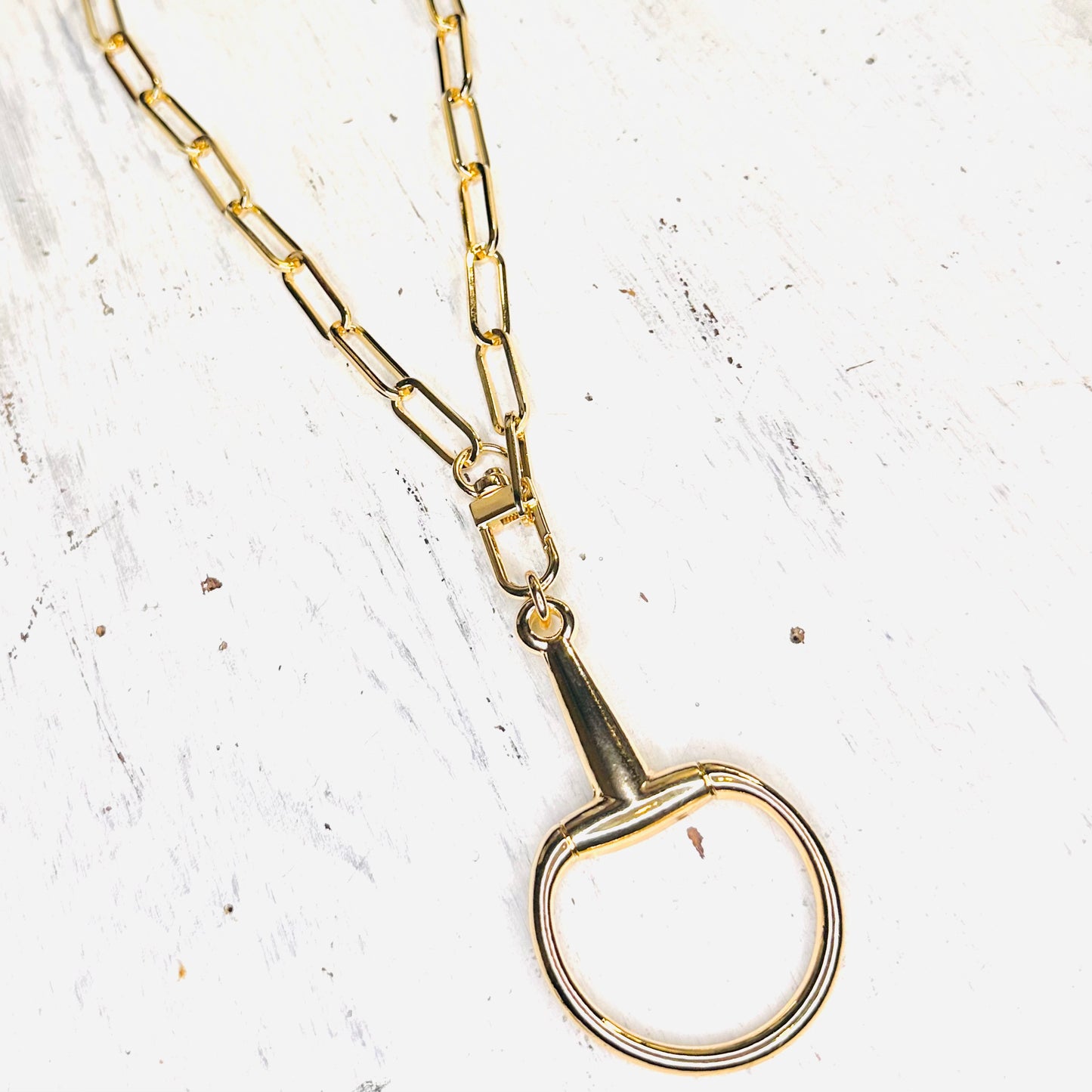 Large Gold Bit Pendant & Paperclip Chain Necklace