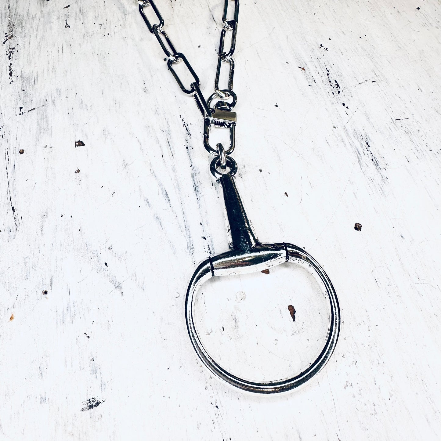 Large Silver Bit Pendant & Paperclip Chain Necklace