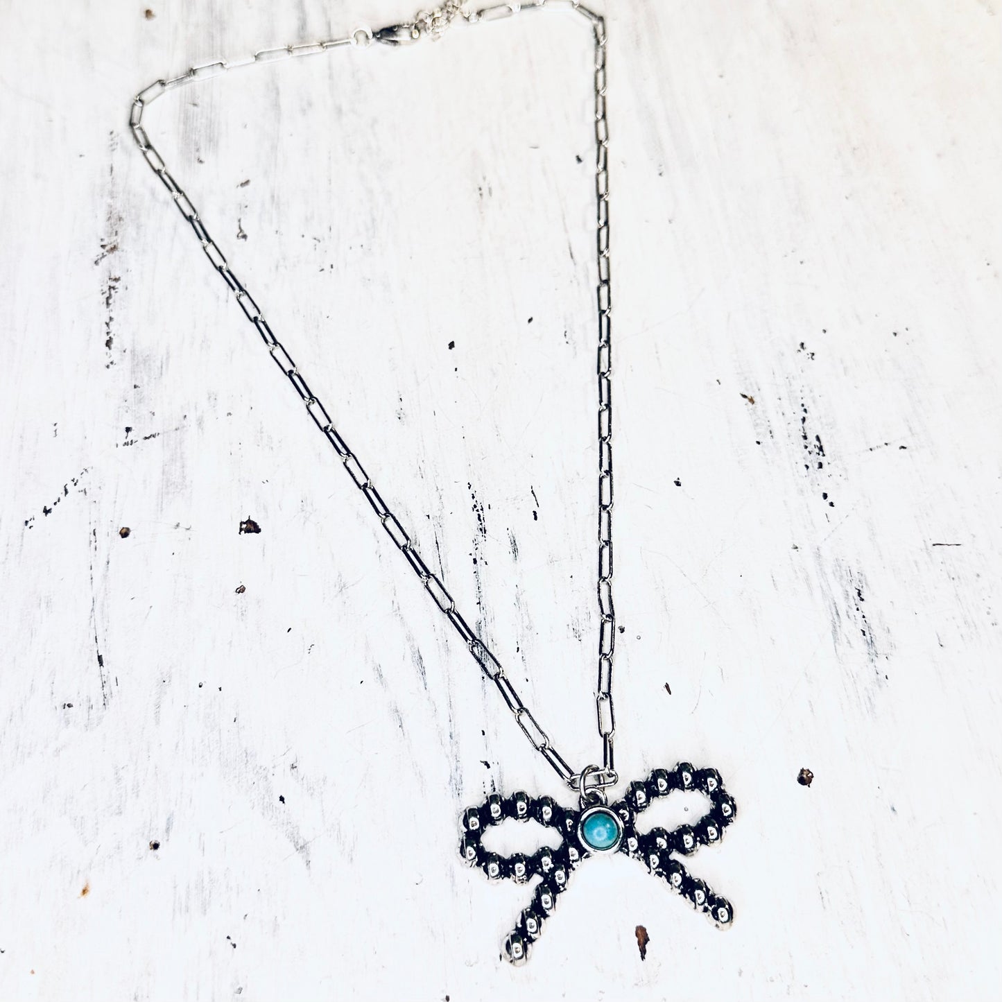 Beaded Bow & Turquoise Pendant Necklace