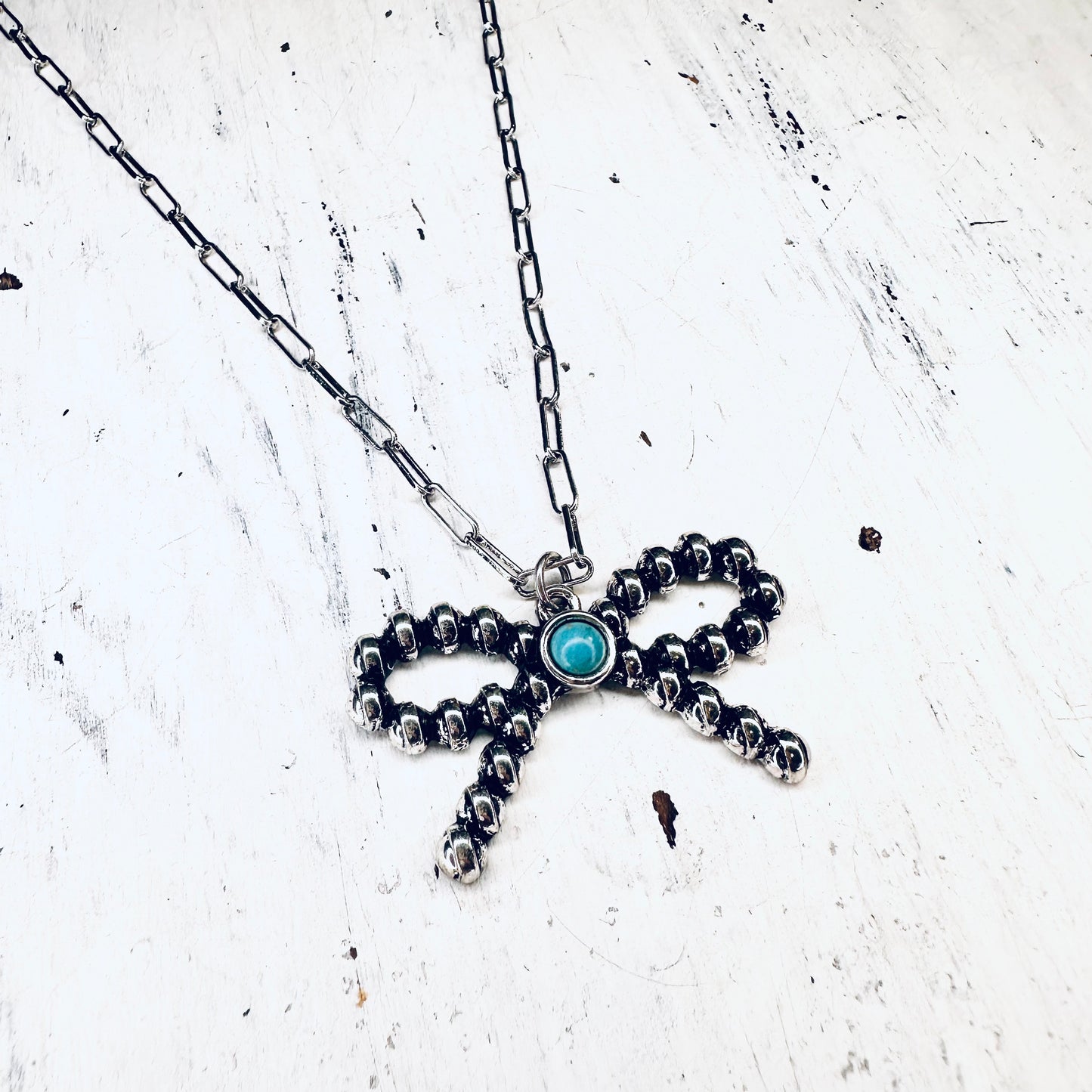 Beaded Bow & Turquoise Pendant Necklace