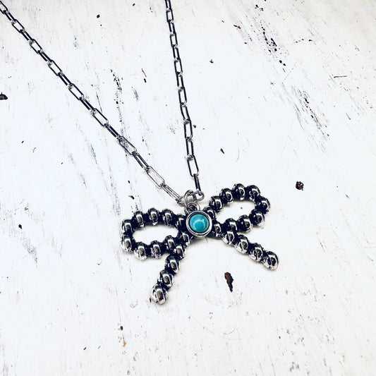 Beaded Bow & Turquoise Pendant Necklace