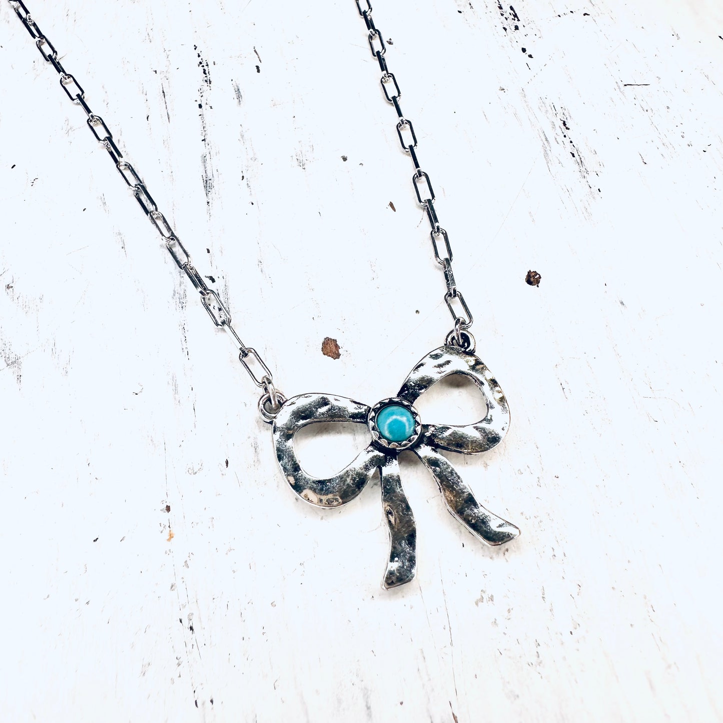 Hammered Bow & Turquoise Pendant Necklace