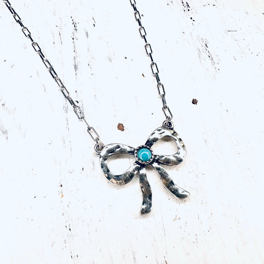 Hammered Bow & Turquoise Pendant Necklace