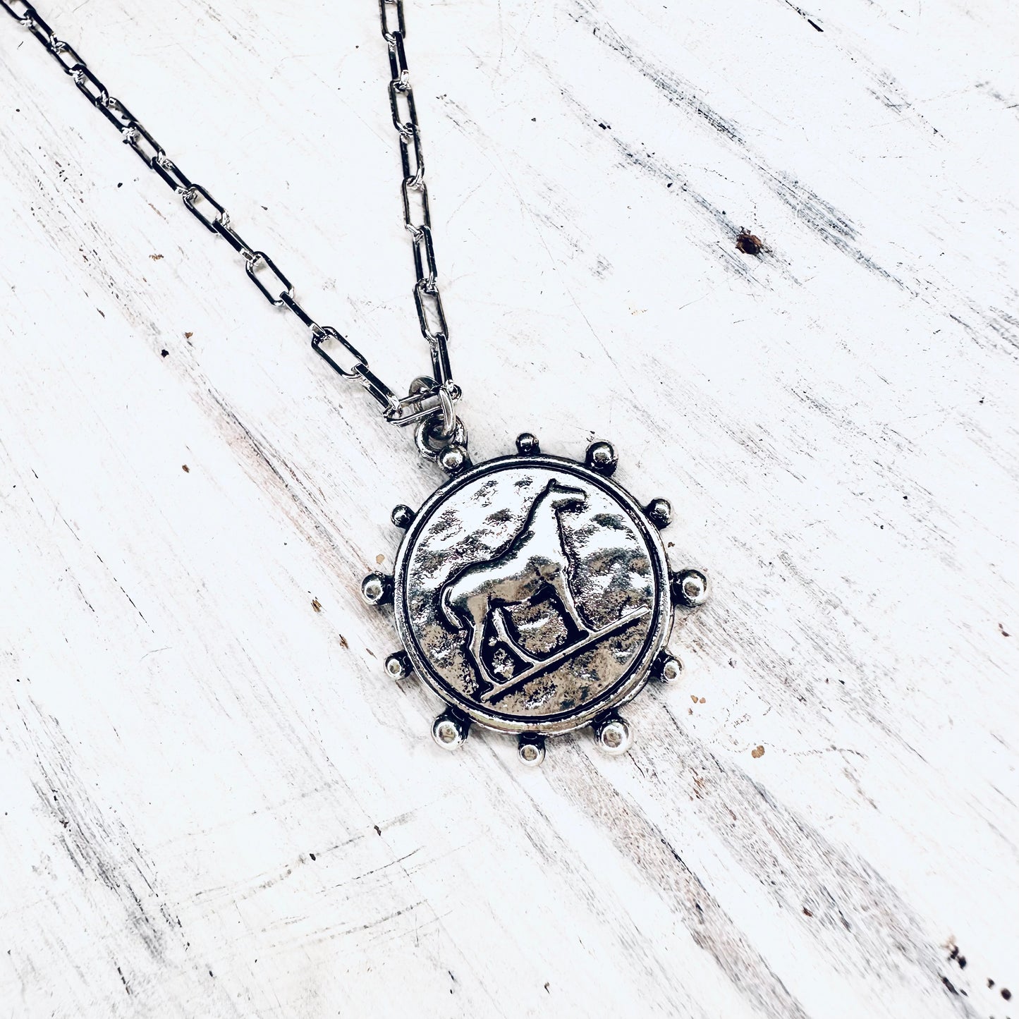 Beaded Silver Horse Medallion Pendant Necklace