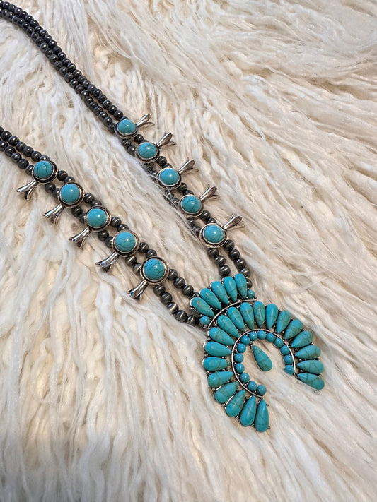 Double Row Pewter Pearl & Turquoise Squash Blossom Necklace