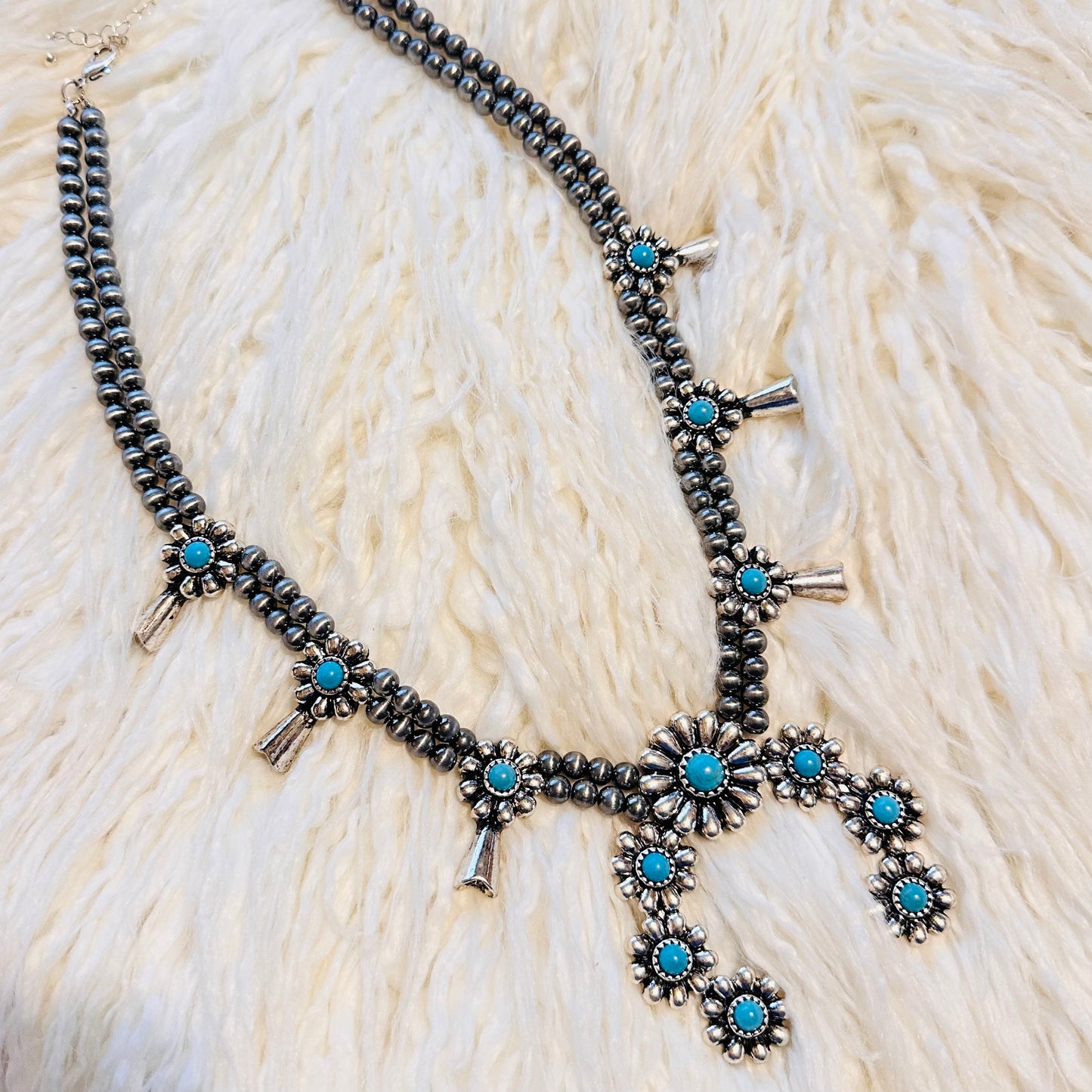 Pewter Pearl & Turquoise Flower Squash Blossom Necklace