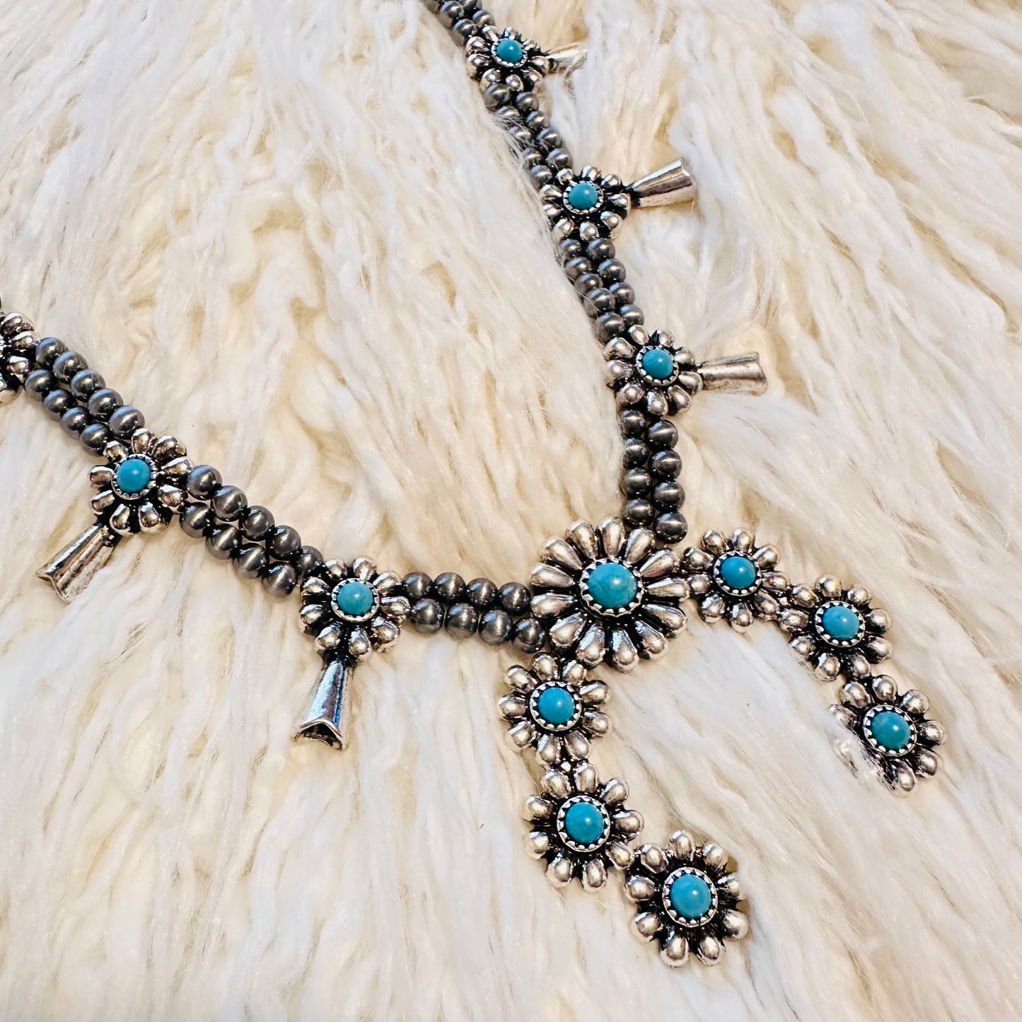 Pewter Pearl & Turquoise Flower Squash Blossom Necklace
