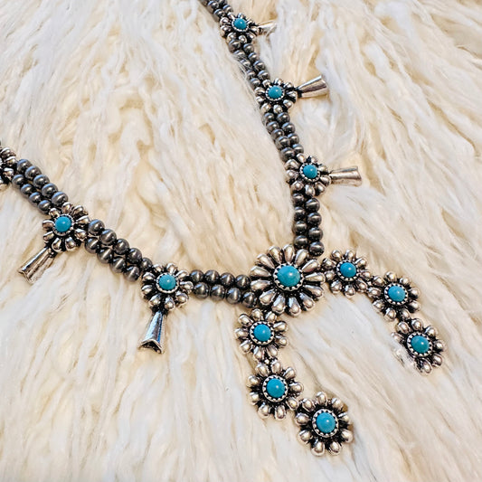 Pewter Pearl & Turquoise Flower Squash Blossom Necklace