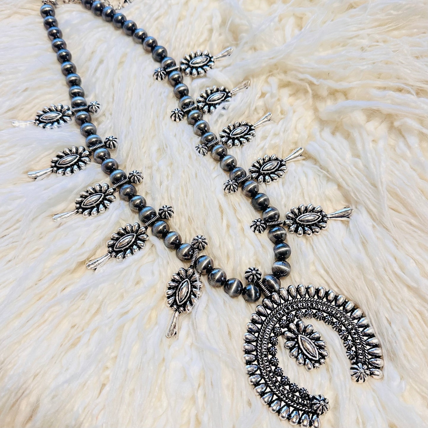 Pewter Pearl & Silver Squash Blossom Necklace