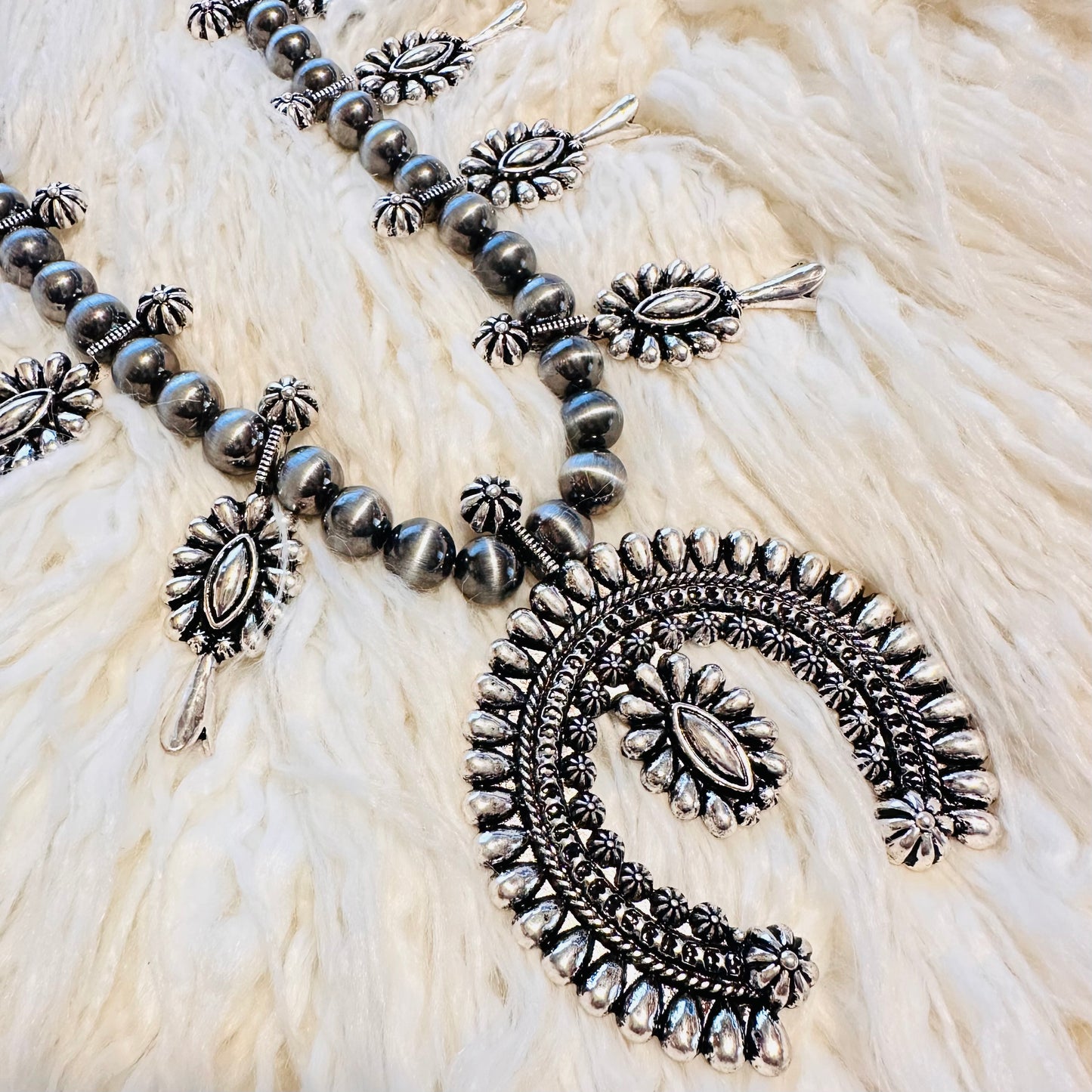 Pewter Pearl & Silver Squash Blossom Necklace