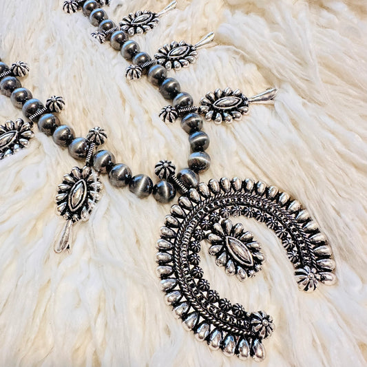 Pewter Pearl & Silver Squash Blossom Necklace