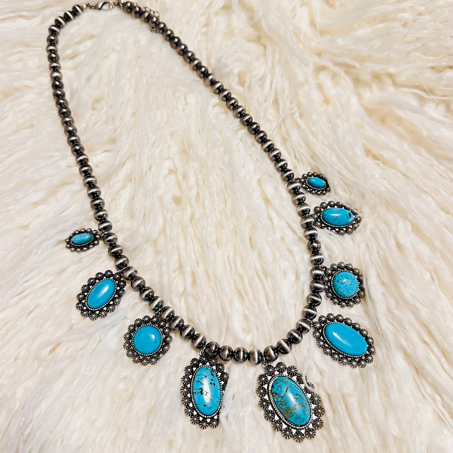 Pewter Pearl & Turquoise Conchos Necklace