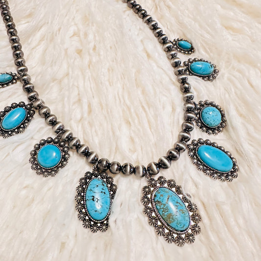 Pewter Pearl & Turquoise Conchos Necklace