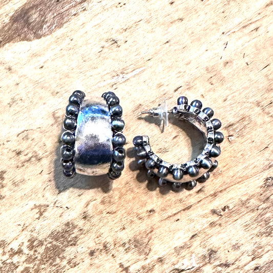 Wide Pewter Pearl Edge Hoop Post Earrings