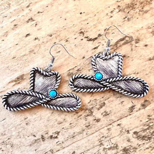 Brushed Silver Cowboy Hat Dangle Earrings
