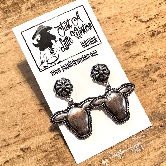 Brushed Silver Cow Head Post Earrings