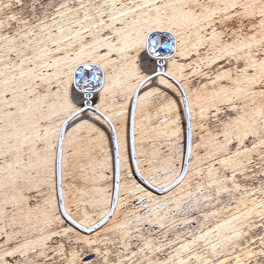 Hammered Silver Oval & Rhinestone Post Earrings