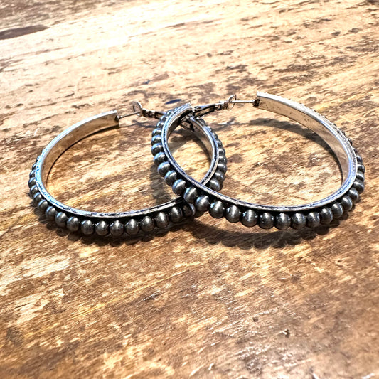 2" Thin Pewter Pearl Inset Hoop Earrings