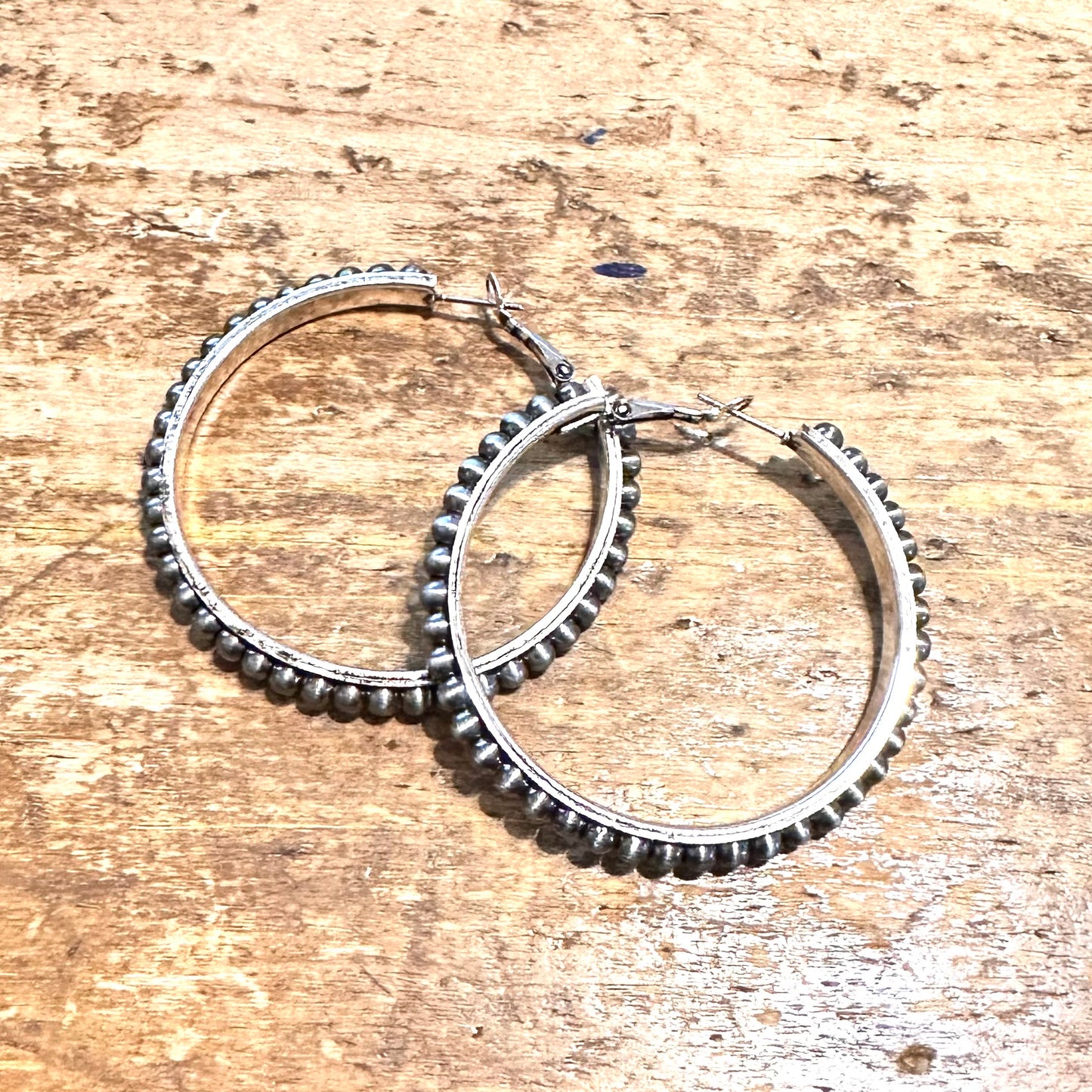 2" Thin Pewter Pearl Inset Hoop Earrings