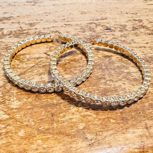 2 1/8" Gold Rhinestone Hoop Earrings