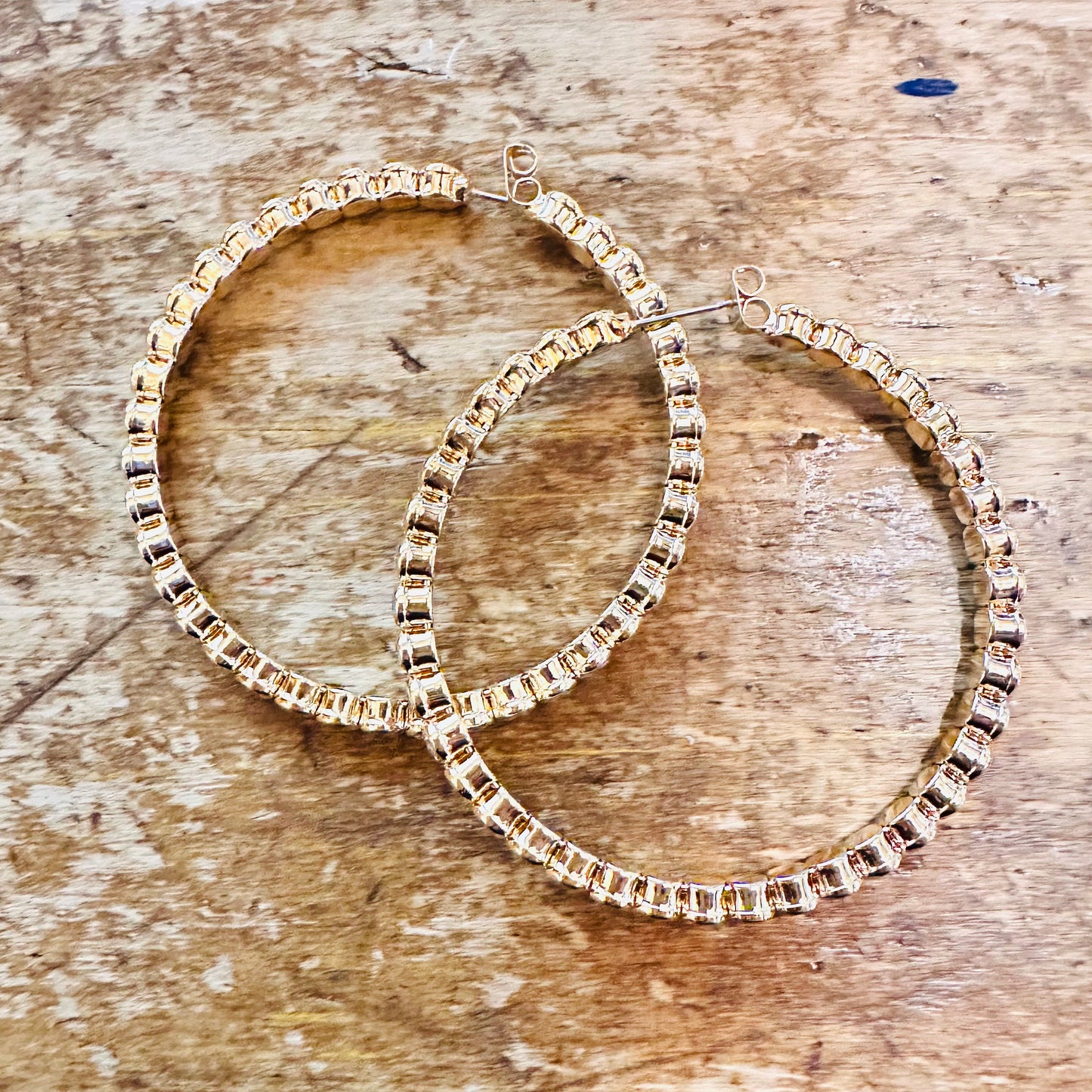 2 1/8" Gold Rhinestone Hoop Earrings