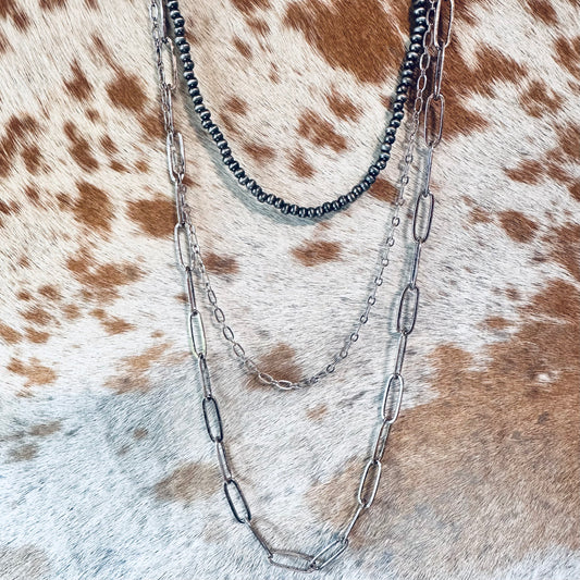 Layered Pewter Pearl & Chain Necklace