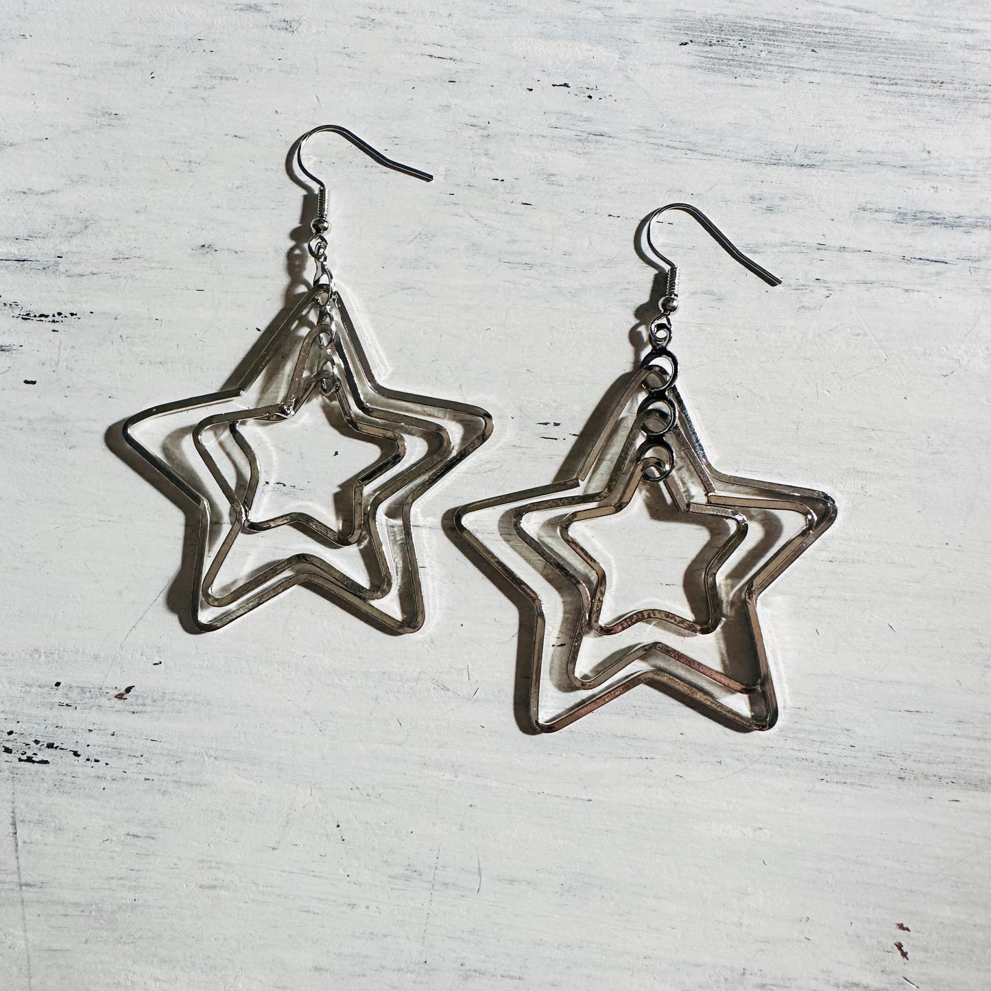 Three Tier Silver Star Dangle Earrings