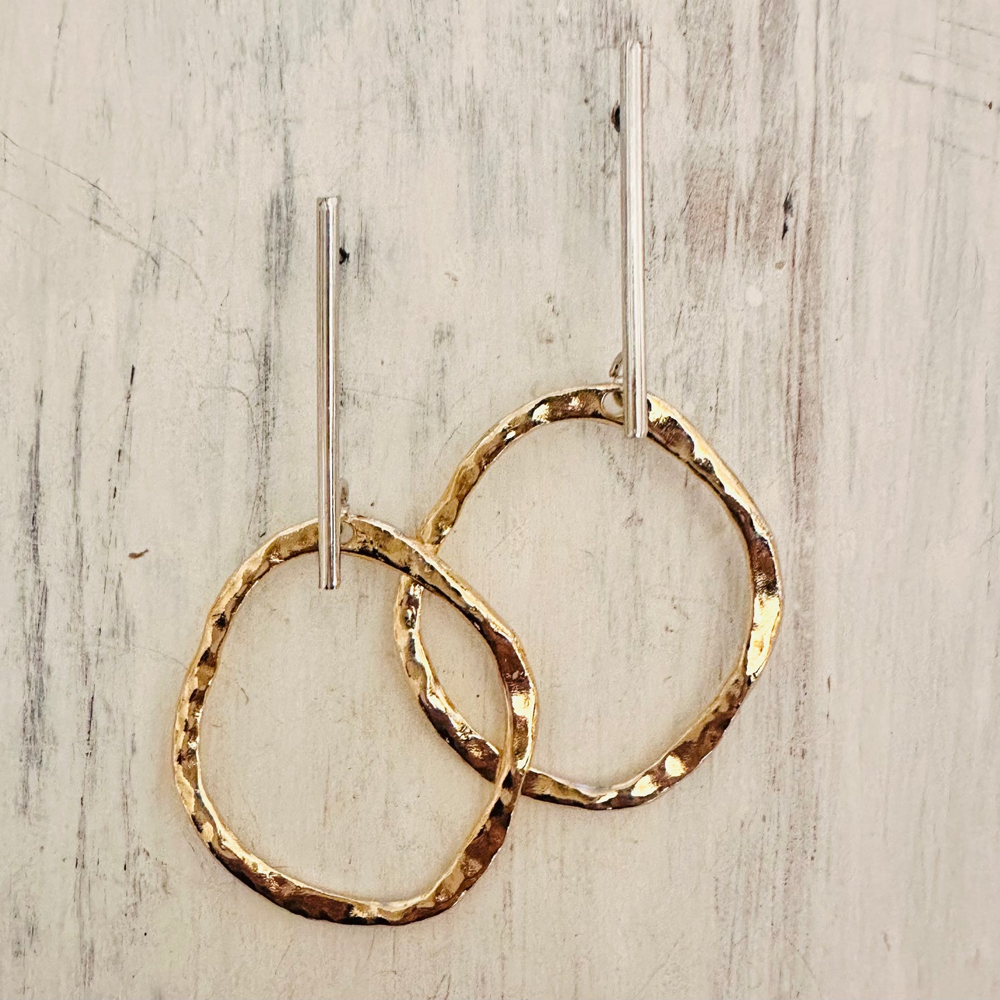 Silver Bar Gold Hammered Hoop Post Earring