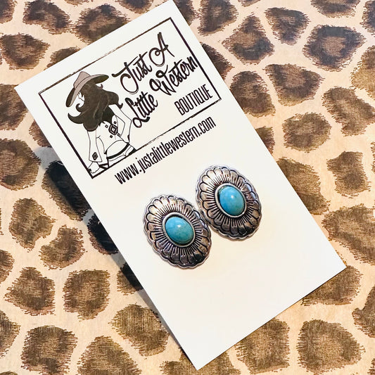 Oval Concho & Turquoise Stud Earrings