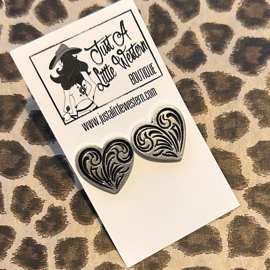 Heart Tooled Stamped Stud Earring