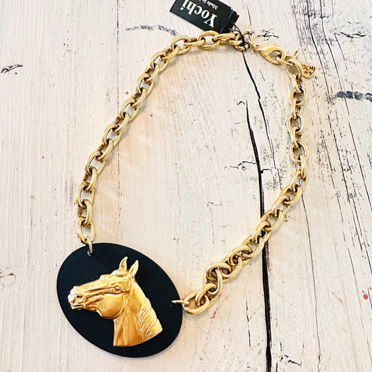 Yochi NY Horse on Black Oval Chain Necklace