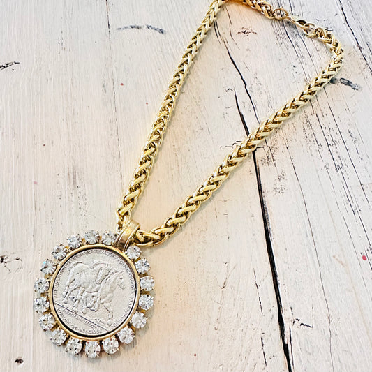 Yochi NY Horse Medallion & Rhinestones Chain Necklace