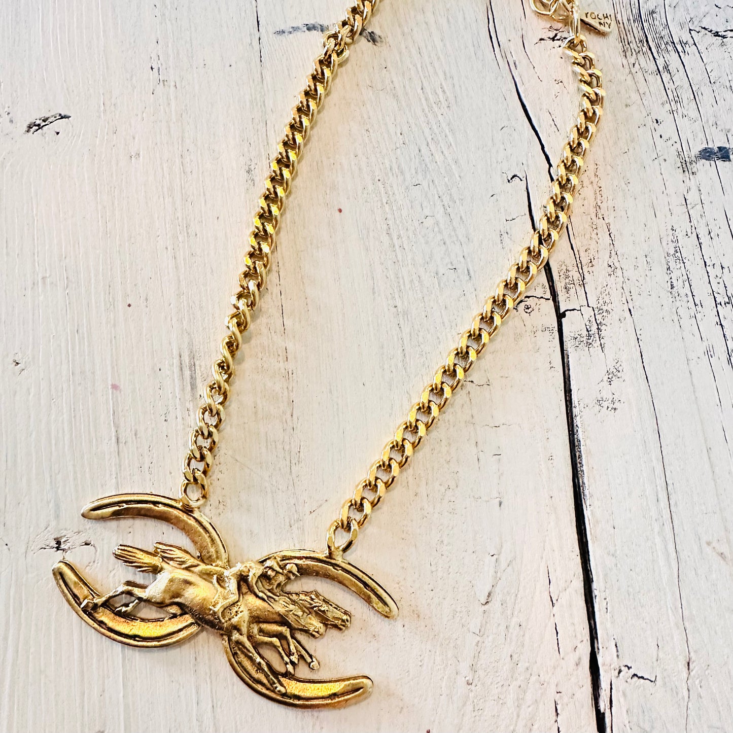 Yochi NY Double Horseshoe & Rider Pendant Necklace