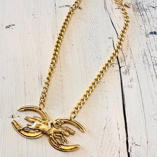 Yochi NY Double Horseshoe & Rider Pendant Necklace