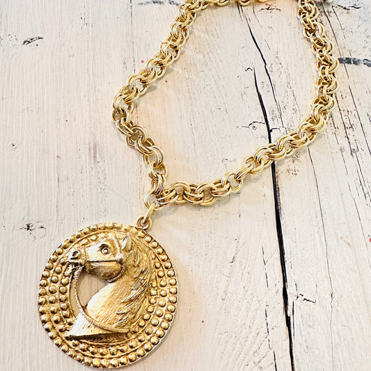 Yochi NY 16" Gold Bead Medallion Horse Pendant Necklace