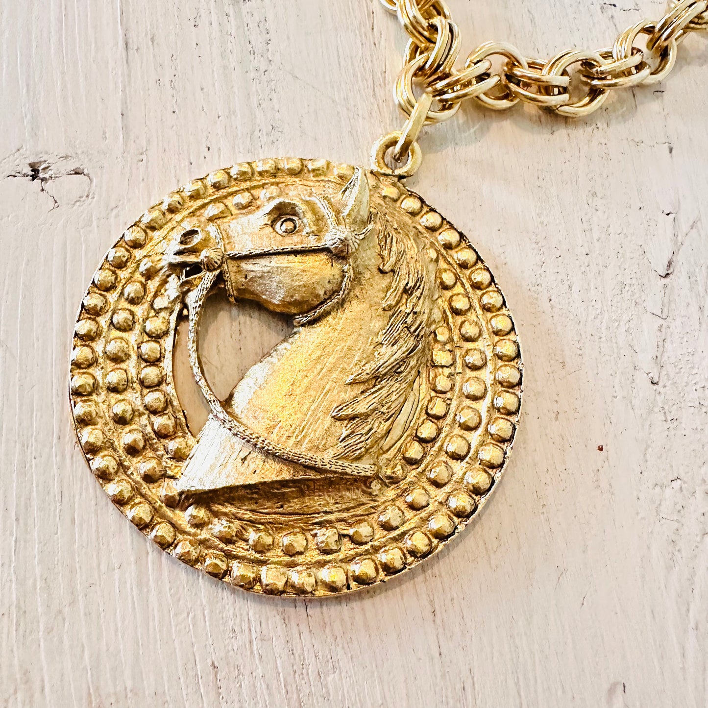 Yochi NY 16" Gold Bead Medallion Horse Pendant Necklace