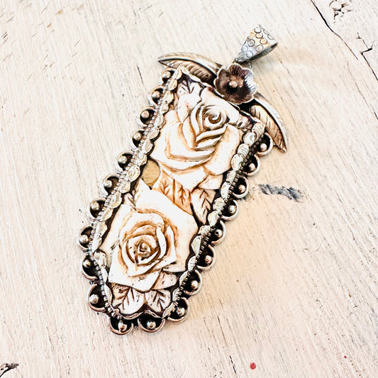 Carved Roses with Beaded Accent Coin Silver Pendant