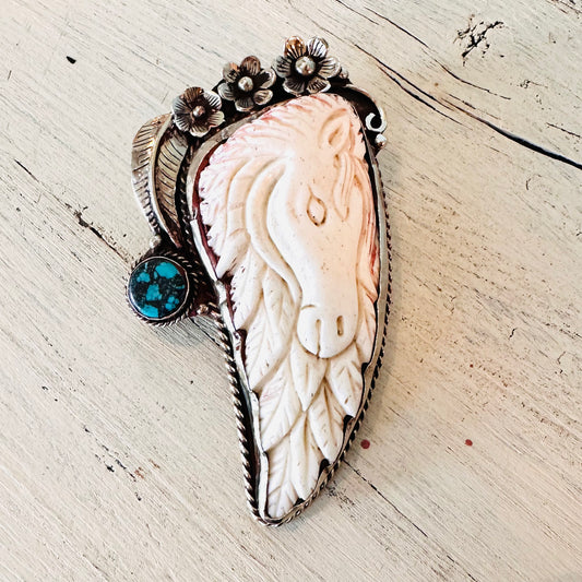 Carved Horse & Single Turquoise Stone Coin Silver Pendant