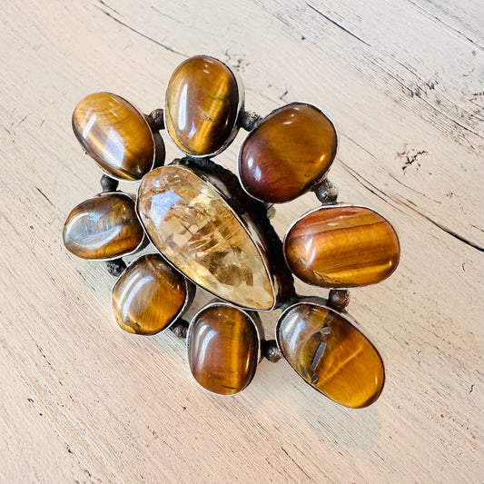 Tigers Eye & Citrine Coin Silver Ring