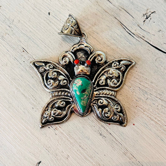 Butterfly & Turquoise Stone Coin Silver Pendant