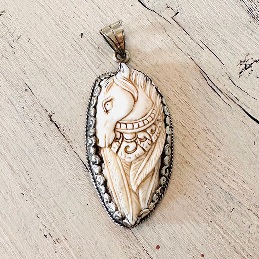 Carved Decorative Horse Coin Silver Pendant
