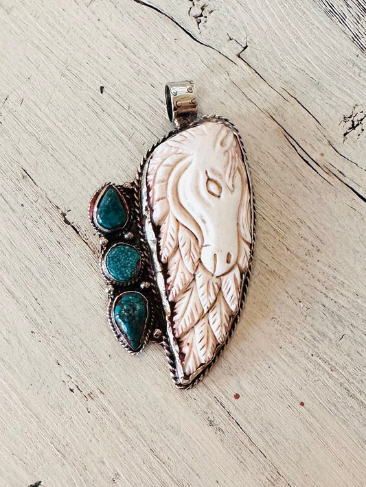 Carved Horse & 3 Turquoise Stone Coin Silver Pendant